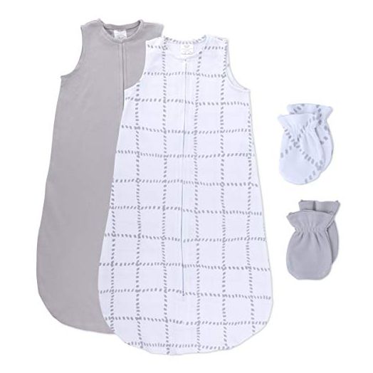 Petit Dreams Grey Grid Lines & Solid Grey Baby Wearable Blanket and Mittens Set Knit Cotton for Baby Boy Or Baby Girl, 6-12 Months, Grey, (Pack of 2)