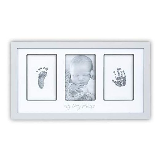 My Tiny Prints Newborn Baby Handprint and Footprint Kit, Baby Frame with Modern White Matting, Baby Keepsake Frame, Baby Picture Frame Kit with Ink Pad, Baby Shower Gifts, 17” L x 9.5” H, Gray/Grey