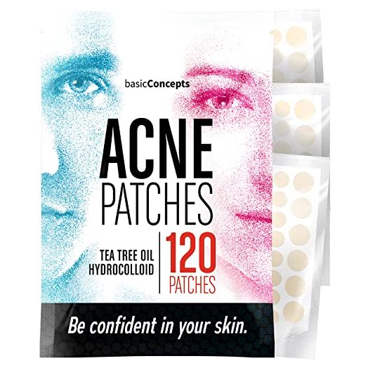 BASIC CONCEPTS Acne Patches (120 Pack), Tea Tree Oil and Hydrocolloid Pimple Patches for Face, Zit Patch (3 Sizes), Blemish Patches, Acne Dots, Pimple Stickers, Natural Acne Patch and Pimple Patch