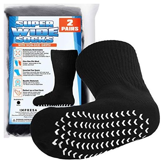 2 Pairs of Super Wide Socks With Non-Skid Grips for Lymphedema - Bariatric Sock - Oversized anti-slip Sock Stretches up to 30'' Over Calf for Swollen Feet and Mens and Womens Legs - One Size Unisex