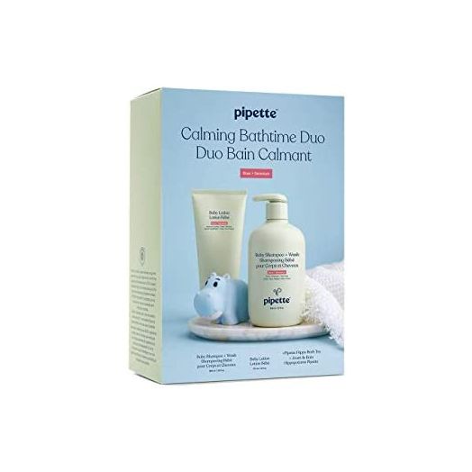Pipette Calming Bathtime Duo - Wash Tear-Free and Moisturize Set with Renewable Plant-Derived Squalane, Rose + Geranium Aroma, 3-Piece Set