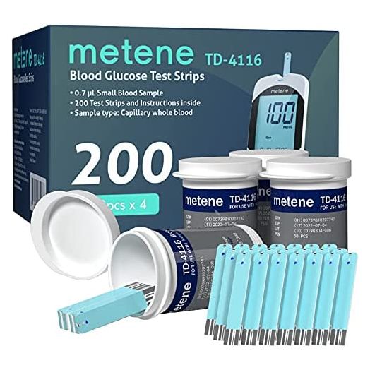 Metene TD-4116 Blood Glucose Test Strips, 200 Count Test Strips for Diabetes, Use with metene TD-4116 Blood Glucose Monitor Only