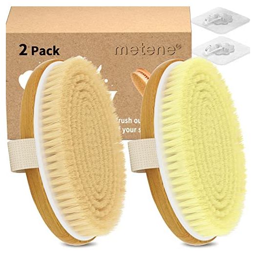Metene 2 Pack Dry Body Brushes, Exfoliating Body Scrubbers, Natural Bristles for Dry Skin, Improve Circulation, Stop Ingrown Hairs, Reduce Acne and Cellulite
