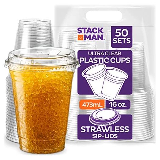 16 oz. Clear Cups with Strawless Sip-Lids, [50 Sets] PET Crystal Clear Disposable 16oz Plastic Cups with Lids