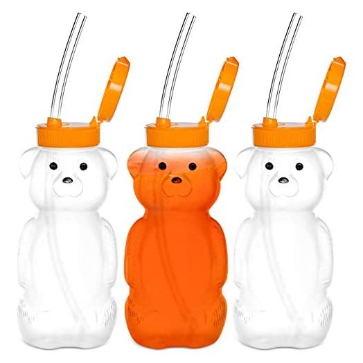 Special Supplies Honey Bear Straw Cup Long Straws, 3-Pack Squeezable Therapy and Special Needs Assistive Drink Container, Spill Proof and Leak Resistant Lid