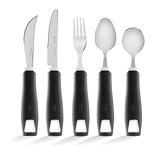 Special Supplies Adaptive Utensils 5-Piece Set Non-Weighted, Non-Slip Handles for Hand Tremors, Arthritis, Parkinson’s or Elderly Use - Stainless Steel Knife, Rocker Knife, Fork, Spoons -Black