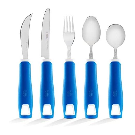 Special Supplies Adaptive Utensils 5-Piece Set Non-Weighted, Non-Slip Handles for Hand Tremors, Arthritis, Parkinson’s or Elderly Use - Stainless Steel Knife, Rocker Knife, Fork, Spoons - Blue