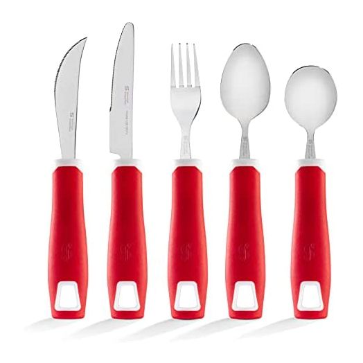 Special Supplies Adaptive Utensils 5-Piece Set Non-Weighted, Non-Slip Handles for Hand Tremors, Arthritis, Parkinson’s or Elderly Use - Stainless Steel Knife, Rocker Knife, Fork, Spoons - Red