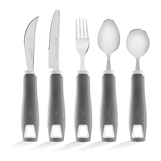 Special Supplies Adaptive Utensils 5-Piece Set Non-Weighted, Non-Slip Handles for Hand Tremors, Arthritis, Parkinson’s or Elderly Use - Stainless Steel Knife, Rocker Knife, Fork, Spoons - Gray