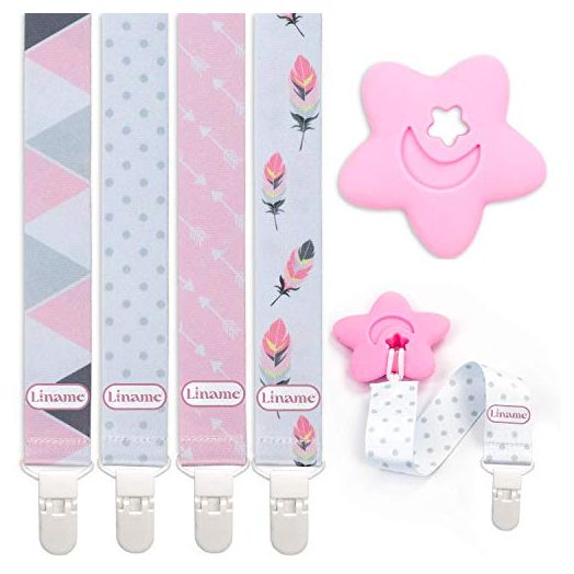 Liname Neutral Pacifier Clip with Teething Toy - 4 Pack Pacifier Clips for Boys & Girls - Binky Holder Soothie Paci Clip Binkie Clip - Unisex Pacifer Clip Baby Pacifier Clip and Pacifier Holder