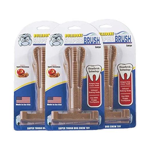 Bullibone SuperBrush: Dog Teeth Cleaning Brushing Toothbrush Stick - Long Lasting Nylon Apple Cinnamon Chew Toy for Oral Care and Dental Health