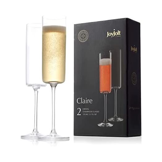 JoyJolt Champagne Flutes – Claire Collection Crystal Champagne Glasses Set of 2 – 5.7 Ounce Capacity – Exquisite Craftsmanship – Ideal for Home Bar, Special Occasions – Made in Europe