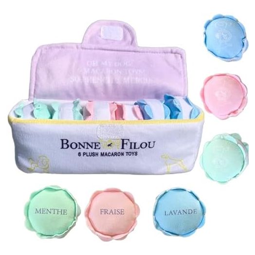 Bonne et Filou 6 Count Macarons Shape Plush Squeaky Dog Toys Interactive Puppy Chew Toys for Aggressive Chewers Dog Toys for Small and Medium Dogs