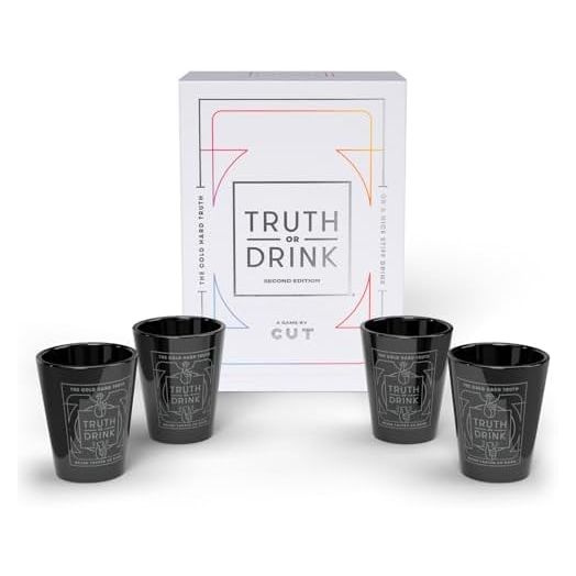 Truth or Drink – Shot Glasses Edition by Cut – Reveal Secrets in Style with Hilarious and Personal Questions, Perfect Adult Game for Party Night (Includes 4 Shot Glasses, 400+ Conversation Starters)