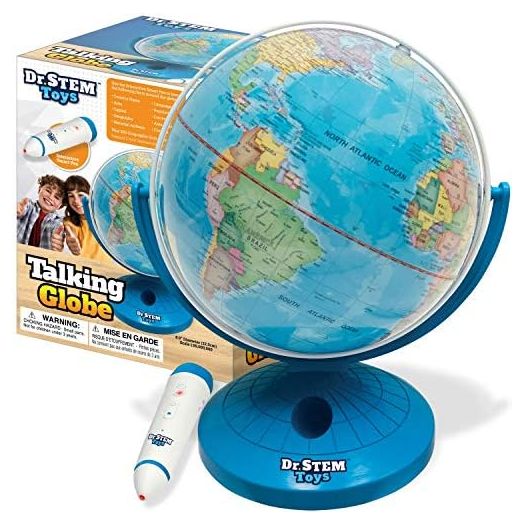 Dr. STEM Toys Talking World Globe with Interactive Stylus Pen and Stand, Colorful Map for Early Learning and Teaching - Includes Trivia, Q&A, and Music - 9 Inches in Height, Ages 6+