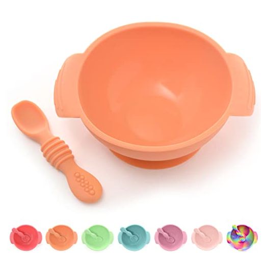 PrimaStella Unbreakable Silicone Non-Slip Bowl and Chew Spoon Set for Babies and Toddlers (Orange)