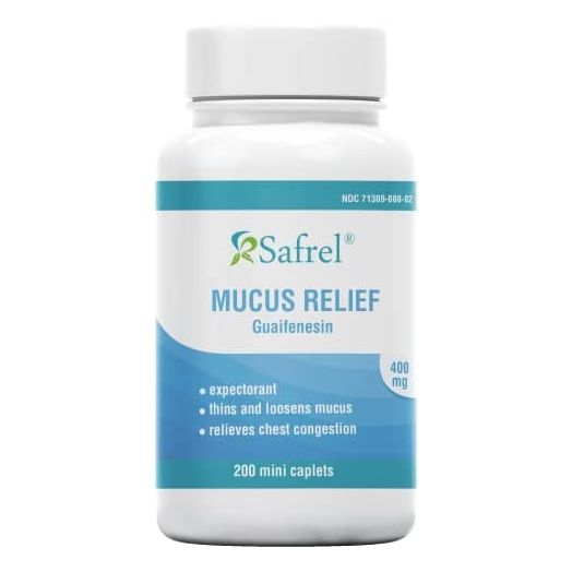 Safrel Mucus Relief Medicine Guaifenesin 400 mg - 200 Mini Caplets | Fast Acting Expectorant, Thins and Loosens Mucus, Relieves Chest Congestion, Cough, Cold and Flu | Compare to Mucinex Tablets
