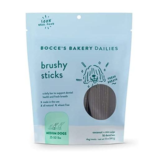 Bocce’s Bakery Dailies Brushy Sticks to Support Oral Health & Fresh Breath, Wheat-Free Dental Bars for Dogs, Made with Real Ingredients, Baked in The USA, All-Natural Coconut & Mint, Medium Dogs