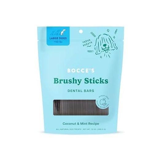Bocce’s Bakery Dailies Brushy Sticks to Support Oral Health & Fresh Breath, Wheat-Free Dental Bars for Dogs, Made with Real Ingredients, Baked in the USA, All-Natural Coconut & Mint Recipe, Large Dogs