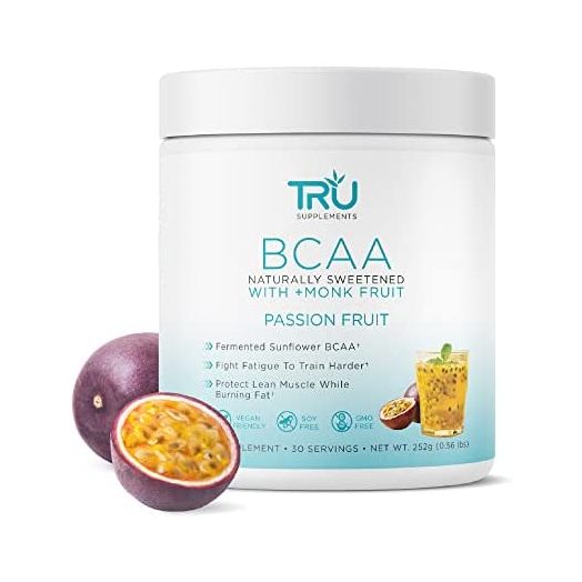 TRU BCAA Powder, Plant Based Branched Chain Amino Acids, Vegan Friendly, Zero Calories, No Artificial Sweeteners or Dyes, (30 Servings, Passion Fruit)