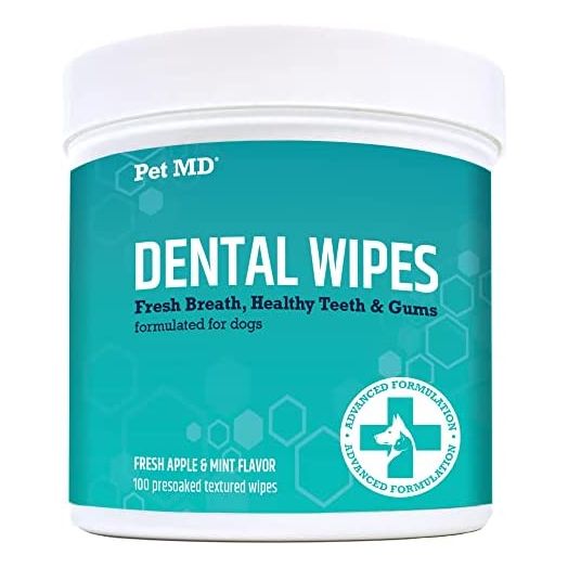 Pet MD Dog Breath Freshener Dental Wipes for Dogs - Tartar and Plaque Remover for Teeth Cleaning - Fresh Apple & Mint Scent Bad Breath Treatment for Dogs - 100 Count