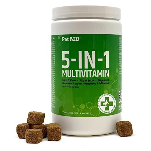 Pet MD 5in1 Dog Multivitamin - 30 Essential Vitamins, Minerals & Nutrients for Skin & Coat, Hip & Joint, Digestion, Immune & Senior Dog Vitamins - Glucosamine, Omega 3 6 9, & Probiotics - 120 ct