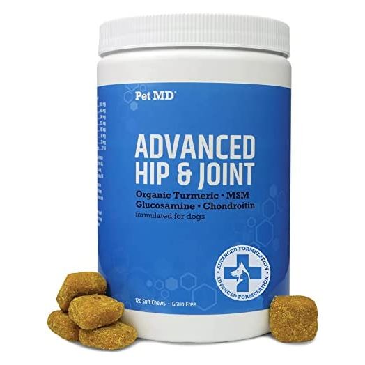Pet MD Glucosamine for Dogs | Dog Joint Supplement with Glucosamine, Chondroitin & MSM - Inflammatory Pain Relief Chews for Hip & Joints - Bacon Flavored - Includes Yucca & Turmeric - 120 Ct