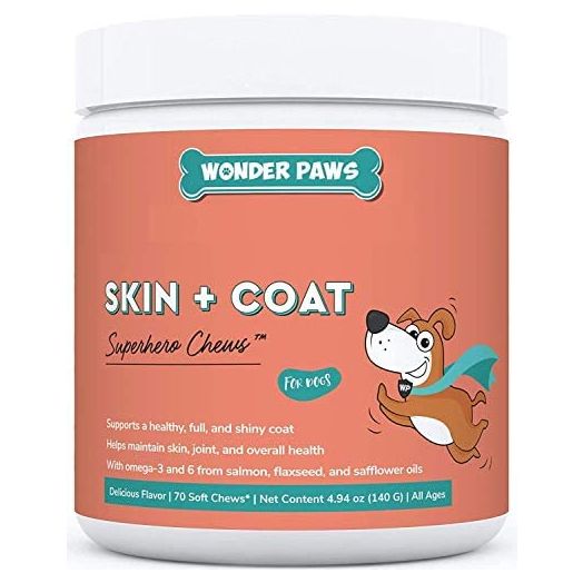 Wonder Paws Skin & Coat Supplement for Dogs with Salmon Oil, Omega 3 & 6, EPA & DHA, Promotes Healthy Skin and Coat, Itchy Relief, Joint and Overall Health, Delicious Flavor, 70 skin & coat Soft Chews