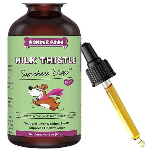 Wonder Paws Milk Thistle for Dogs, Liver Support for Dogs, Supports Kidney Function for Pets, Detox, Hepatic Support, with Wild Alaskan Salmon Oil & Curcumin, Omega 3 EPA & DHA - 2 oz Pet Supplement