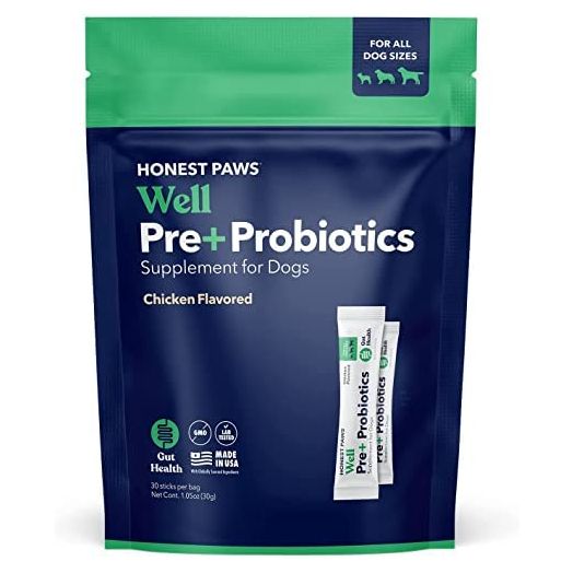 Honest Paws Probiotics for Dogs Made in USA - Dog Probiotic Powder with Prebiotic for Healthy Gut, Digestive and Immune Support - Digestive Enzymes with Chicken Flavor (30 Sticks)
