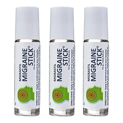 Migrastil Migraine Stick ® 3-Pack from Basic Vigor. Natural Migraine Relief Roll-on. Also Good for Tension Headaches. Made in the USA. With Peppermint, Spearmint and Lavender Essential Oils.