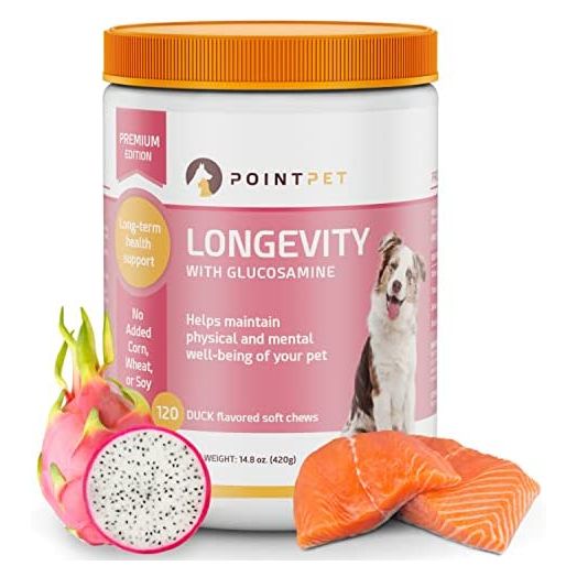 POINTPET Hip and Joint with Glucosamine Chondroitin, MSM, Omega 3&6, Improves Mobility, Hip and Joint Aches, Reduces Inflammation, Discomfort - Dog Treats, Hemp & Longevity Formula