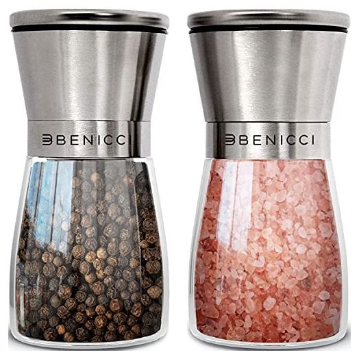 Beautiful Stainless Steel Salt & Pepper Grinders Refillable Set - Two 5 oz Salt / Spice Shakers with Adjustable Coarse Mills - Easy Clean Ceramic Grinders with BONUS Wooden Spoon and Cleaning Brush
