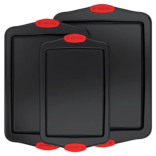 Premium Non-Stick Baking Sheets Set of 3 - Deluxe PBA Free, Easy to Clean Racks w/ Silicone Handles - Bakeware Pans for Cooking Baking Roasting - Lets You Bake The Perfect Cookie or Pastry Every Time