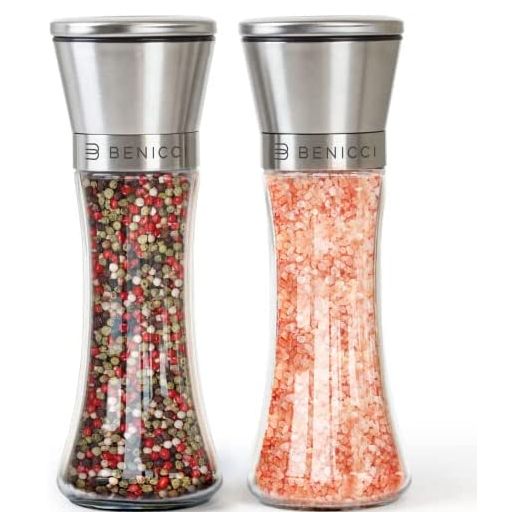Premium Stainless Steel Salt and Pepper Grinder Set of 2 - Two Refillable Sea Salt & Spice Shakers with Adjustable Coarse Mills - Easy Clean Ceramic Grinders w/ BONUS Silicone Funnel & Cleaning Brush