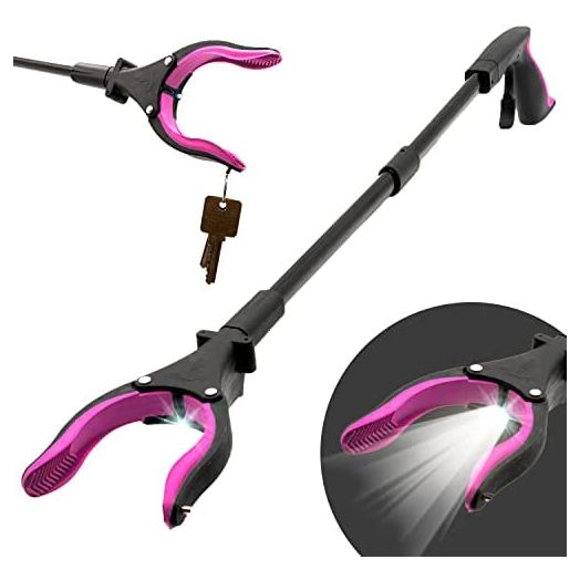 Grabber Reacher Tool-Long 32 Inch Aluminum Foldable Pick Up Stick-Strong Grip Shelves LED Light Magnetic Tip, Lightweight Trash Picker Claw Reacher Grabber Tool for Elderly - by Luxet (32 Inch, Pink)