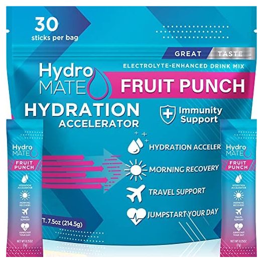 HydroMATE Electrolytes Powder Drink Mix Packets Hydration Accelerator Low Sugar Hangover Party Recovery Vitamin C Fruit Punch 30 Sticks