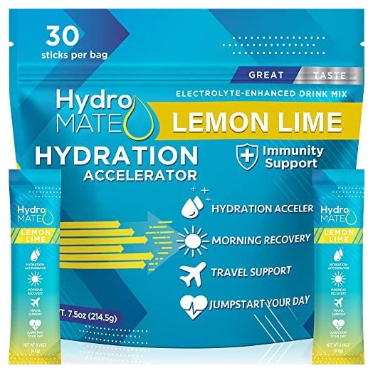 HydroMATE Electrolytes Powder Drink Mix Hydration Accelerator Low Sugar Hangover Party Recovery Vitamin C Lemon Lime 30 Sticks