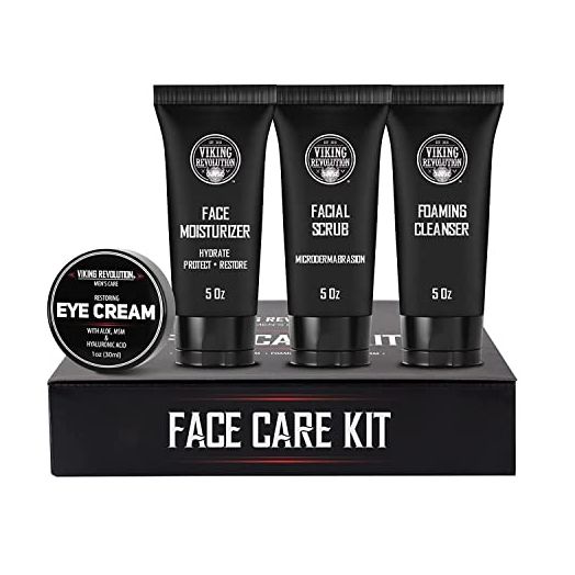 Viking Revolution Mens Skin Care Kit - Mens Facial Care Kit for Men Skincare - Includes Rejuvenating Face Moisturizer (5oz) Microdermabrasion Facial Scrub (5oz) Foaming Cleanser (5oz) Eye Cream (1oz)