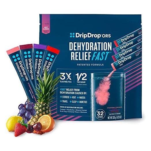DripDrop ORS Hydration - Electrolyte Powder Packets - Grape, Fruit Punch, Strawberry Lemonade, Cherry - 32 Count