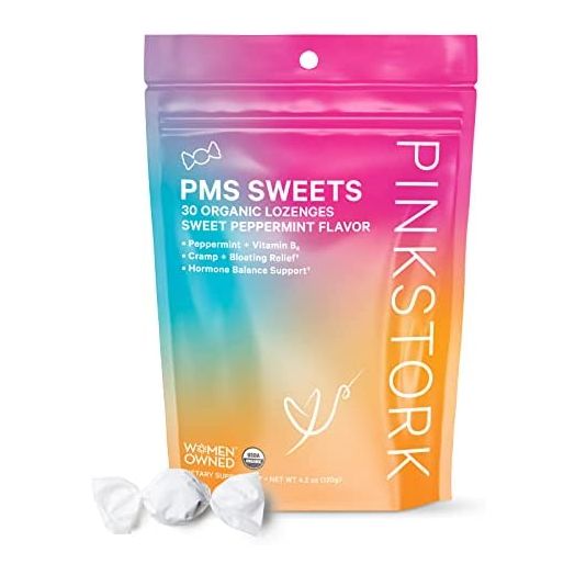 Pink Stork PMS Sweets: Lite Peppermint, 100% Organic Hard Candy for Period Relief, Vitamin B6, PMS Relief from Cramping, Heavy Flow, Nausea, + Hormonal Migraine, Women-Owned, 30 Lozenges