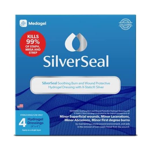 SilverSeal Burn and Wound Dressing | Hydrogel Pads with X-Static Silver | Soothing, Moist & Protective | Burns, Cuts & Wounds | 4 Sterile Dressings
