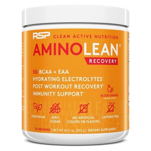 RSP AminoLean Recovery - Post Workout BCAAs Amino Acids Supplement + Electrolytes, BCAAs and EAAs for Hydration Boost, Immunity Support - Muscle Recovery Drink, Vegan Aminos, Blood Orange