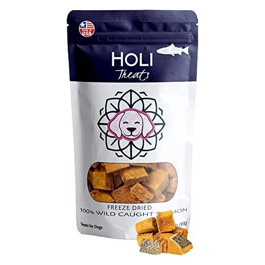 HOLI Freeze Dried Salmon Dog Treats - with Omega 3 and 6 Fish Oil - All Natural Dog Treats - Freeze Dried - Human Grade - Wild Caught Skin on Salmon - Made in USA - Grain Free - Diabetic Friendly