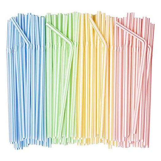 [500 Count] Flexible Disposable Plastic Drinking Straws - 7.75" High - Assorted Colors Striped…