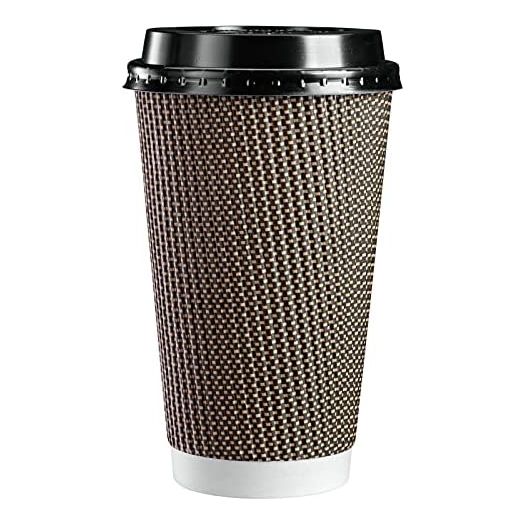 [50 Sets - 16 oz.] Insulated Brown Patterned Ripple Paper Hot Coffee Cups With Lids (Lids Color May Vary)
