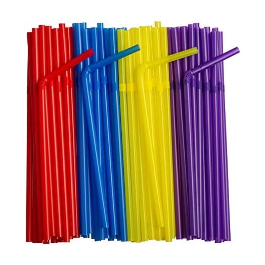 [250 Count] Flexible Disposable Plastic Drinking Straws - 7.75" High - Assorted Colors