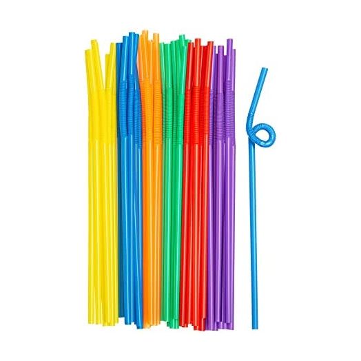 [200 Pack] Long Flexible Disposable Plastic Drinking Straws - 10.02" High - Assorted Colors