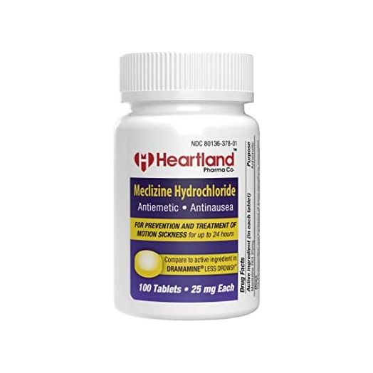 Heartland Pharma Meclizine 25mg, Travel and Motion Sickness Medicine Tablet, Helps Prevent Nausea, Vomiting