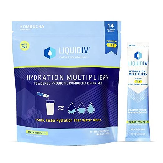 Liquid I.V. Hydration Multiplier+ Powdered Probiotic Kombucha, Hydration Plus Probiotics, On-the-Go Digestive Support - Tart Green Apple - 14 Sticks